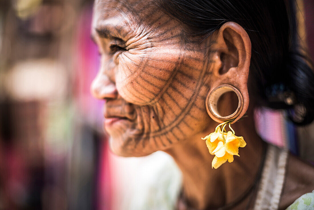 Tattooed woman of a Chin Tribe Village, Chin State, Myanmar Burma, Asia