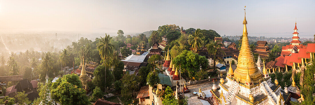 Sunrise view from Kyaik Tan Lan Pagoda, the hill top temple in Mawlamyine, Mon State, Myanmar Burma, Asia