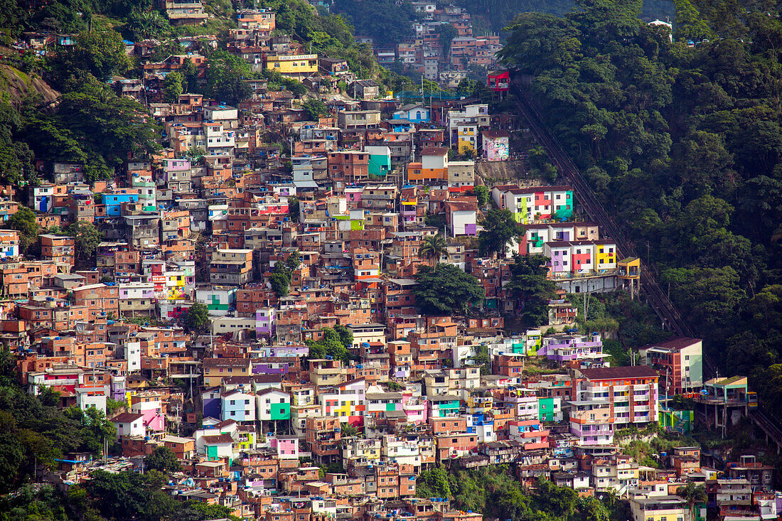 View of the Santa Marta favela slum community showing the funicular railway, Rio de Janeiro, Brazil, South America