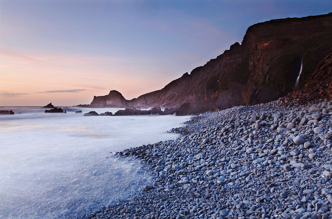 The Blegberry shore at dusk, near Hartland Quay, Devon, England, United Kingdom, Europe