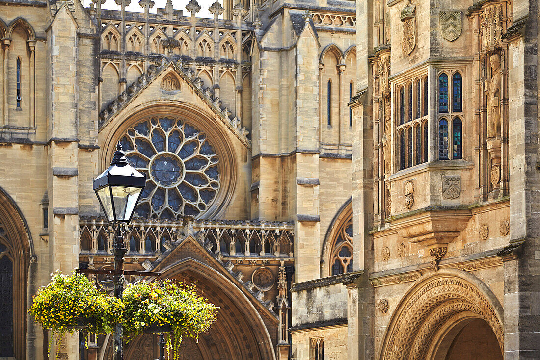 A close-up of the facade of Bristol Cathedral, Bristol, England, United Kingdom, Europe
