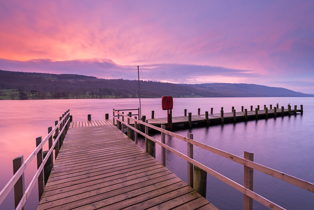 Jetty on Coniston Water at sunrise, Lake District National Park, Cumbria, England, United Kingdom, Europe