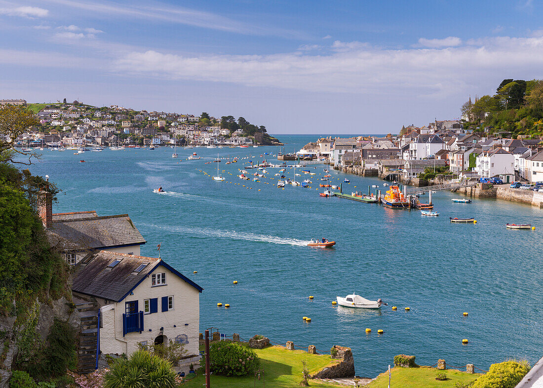 Daphne du Maurier's home Ferryside in the village of Bodinnick, looking over the Fowey Estuary to Fowey and Polruan, Cornwall, England, United Kingdom, Europe