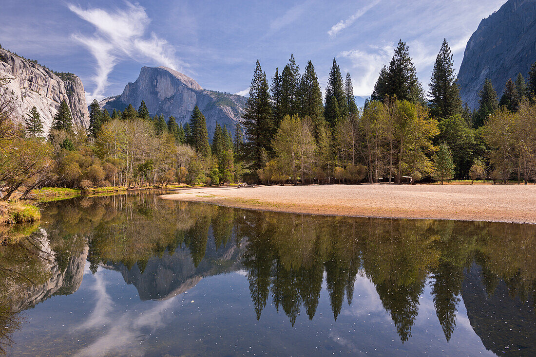 Half Dome reflected in the still waters of the Merced River, Yosemite Valley, UNESCO World Heritage Site, California, United States of America, North America