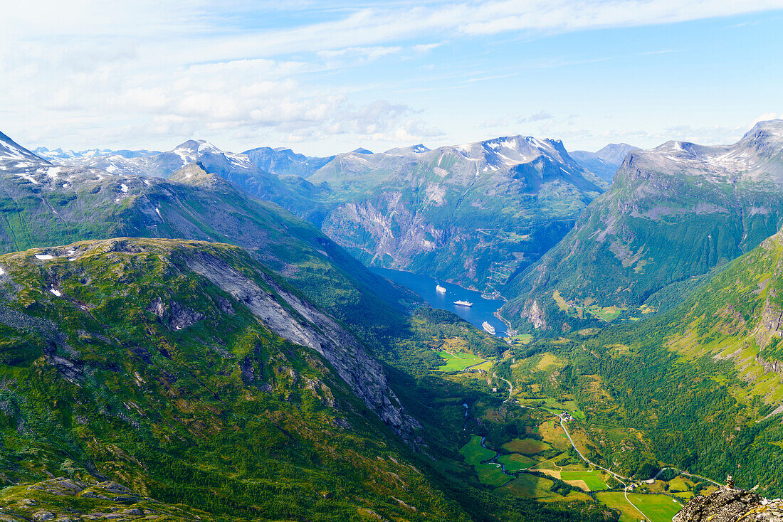 View of Geiranger and Geirangerfjord, UNESCO World Heritage Site, from the summit of Mount Dalsnibba, 1497m, Norway, Scandinavia, Europe