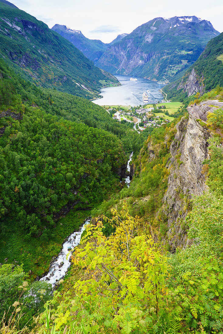 High view of Geiranger and Geirangerfjord. UNESCO World Heritage Site, Norway, Scandinavia, Europe