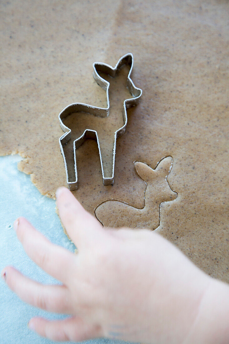Cropped image of boy making cookie with deer pastry cutter