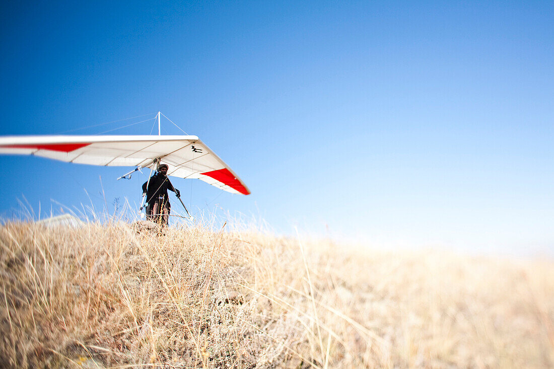 World record hang glider, BJ Herring waits for the right wind while on launch on at Lookout Mountain in Golden, Colorado.