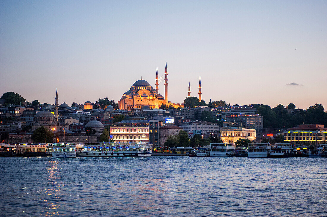 A view of the S??leymaniye Mosque and the historic waterfront neighborhood in Istanbul, Turkey, during Ramadan.