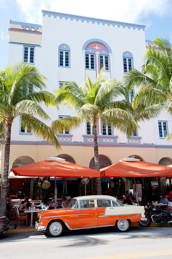 Vintage car parked outside restaurant, Miami, Florida, USA