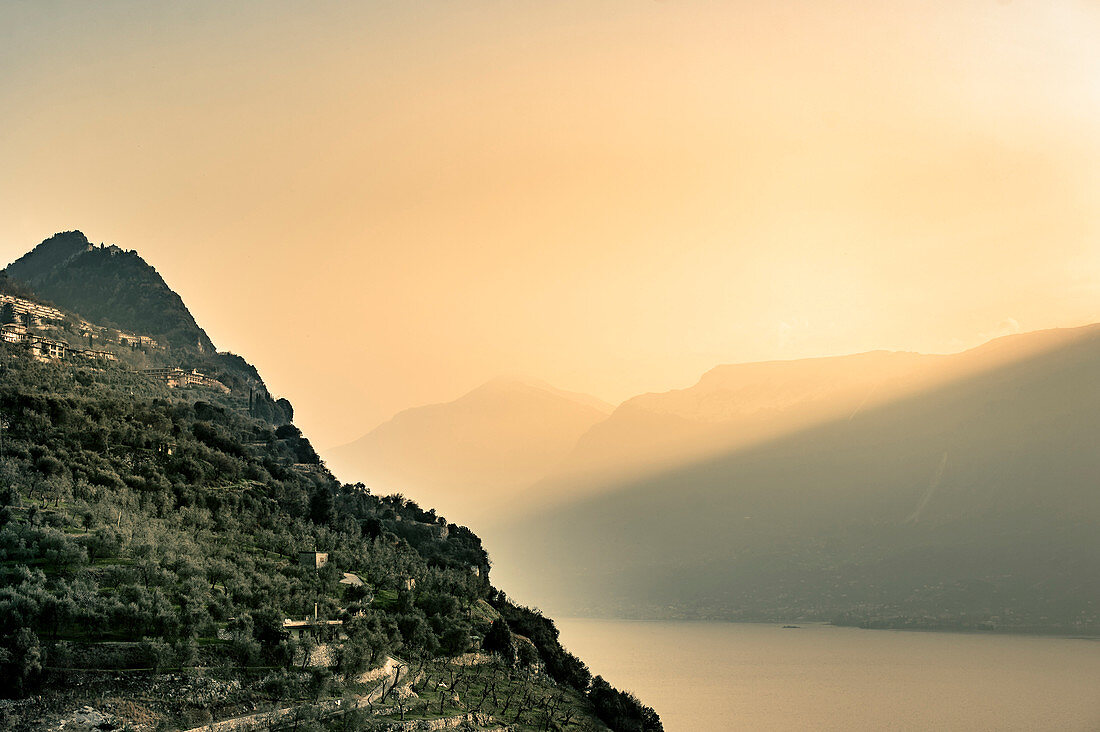 Sunrise in the mist, Tignale, Lake Garda, Alps, Lombardy, Italy