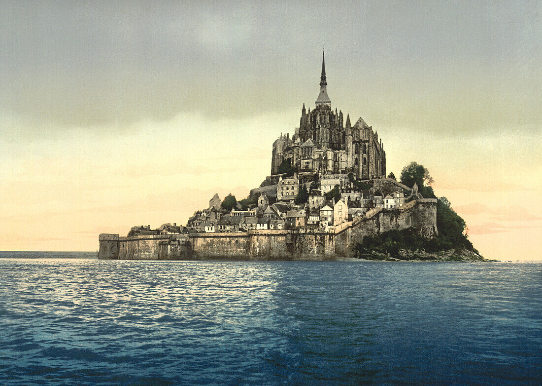 East coast at High Water, Mont Saint-Michel, France, Photochrome Print, circa 1900