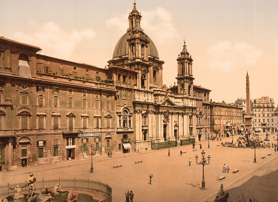Piazza Navona, Rome, Italy, Photochrome Print, circa 1900