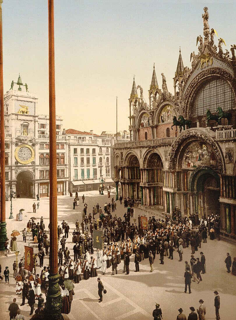 Procession in Front of St. Mark's Cathedral, Venice, Italy, Photochrome Print, circa 1900