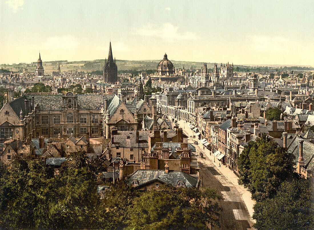 General View and High Street, Oxford, England, Photochrome Print, circa 1900