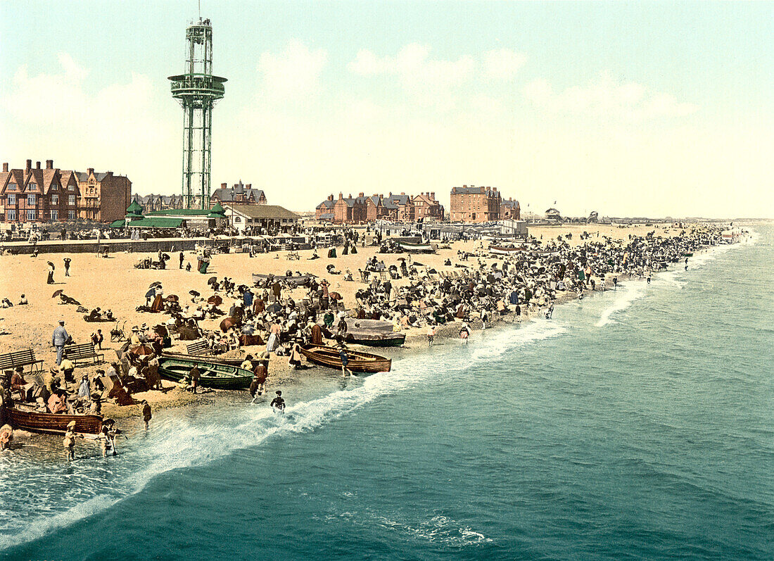 Sands and Revolving Tower, Yarmouth, England, Photochrome Print, circa 1900
