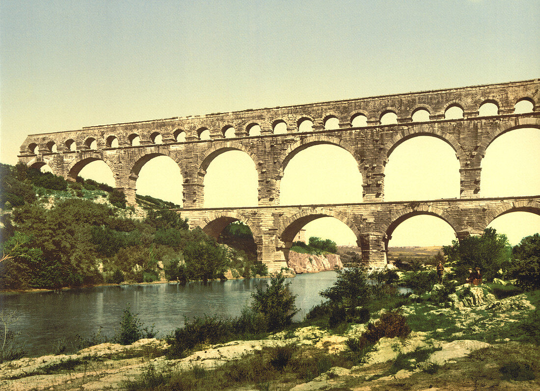 Roman Bridge over the Gard, Constructed by Agrippa, Nîmes, France, Photochrome Print, circa 1900