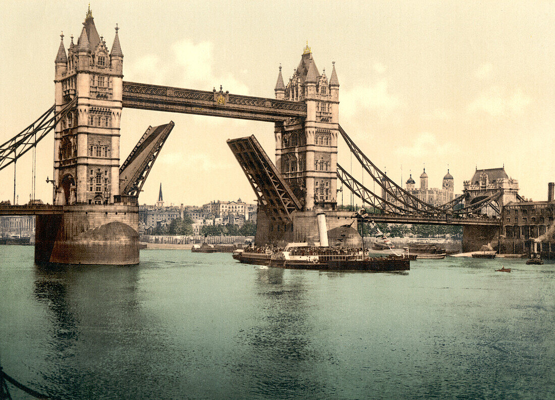 Tower Bridge, Open, London, England, UK, Photochrome Print, circa 1900