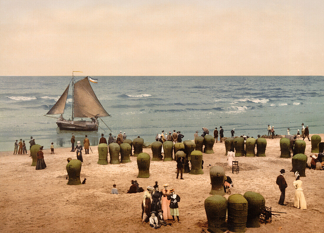 Beach Scene, Scheveningen, Holland, Photochrome Print, circa 1900