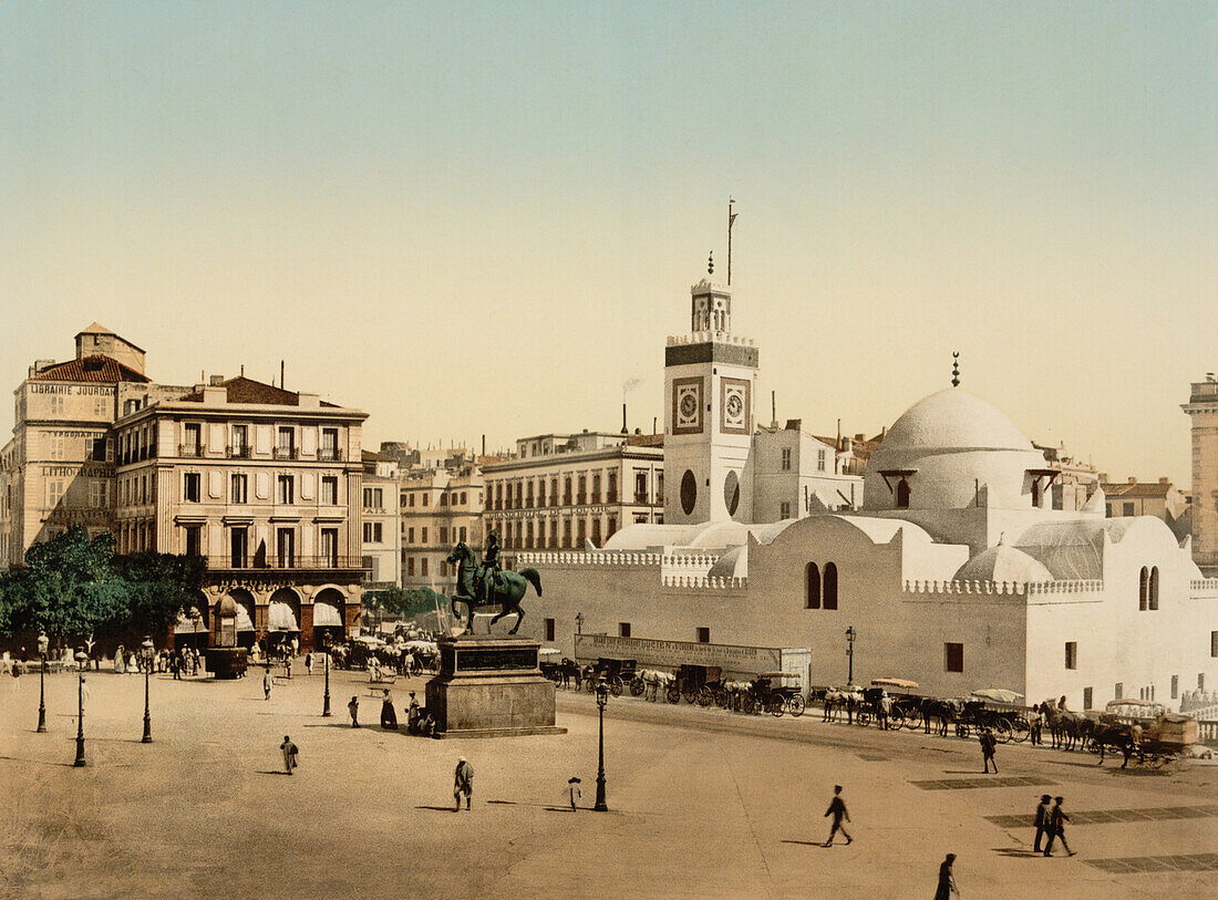 Government Place and El Jedid Mosque, Algiers, Algeria, Photochrome Print, circa 1901