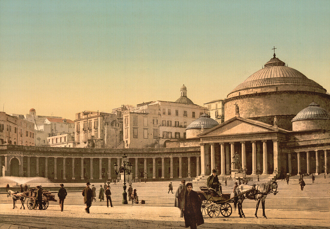 Plaza and Church of San Francesco di Paola, Naples, Italy, Photochrome Print, circa 1900