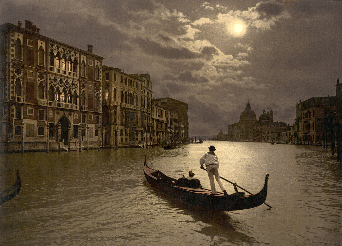 Gondola on Grand Canal by Moonlight, Venice, Italy, Photochrome Print, circa 1900