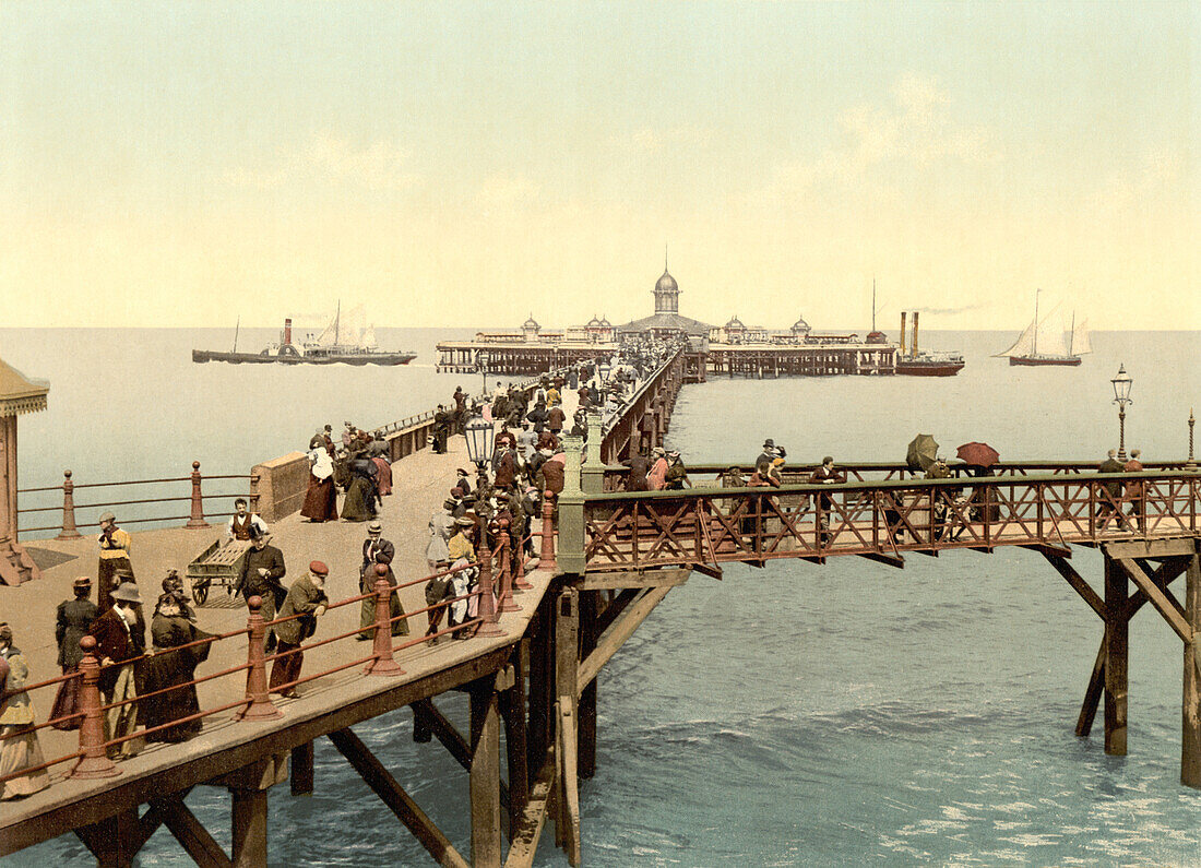 Crowd of People on Jetty, Margate, England, Photochrome Print, circa 1900