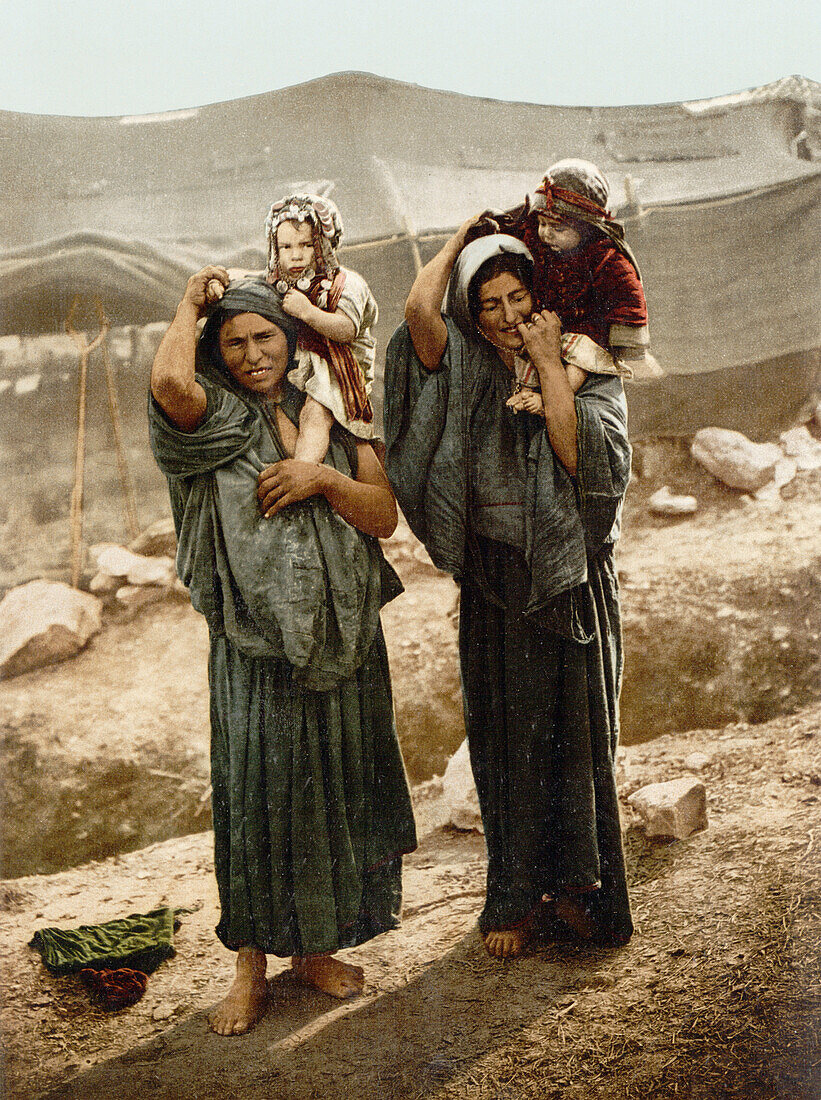 Bedouins and children outside Tent, Holy Land, Photochrome Print, circa 1900