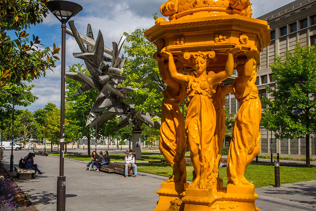 wallace fountain in the gardens of the diderot university, paris 7, 13th arrondissement, paris (75), ile de france, france