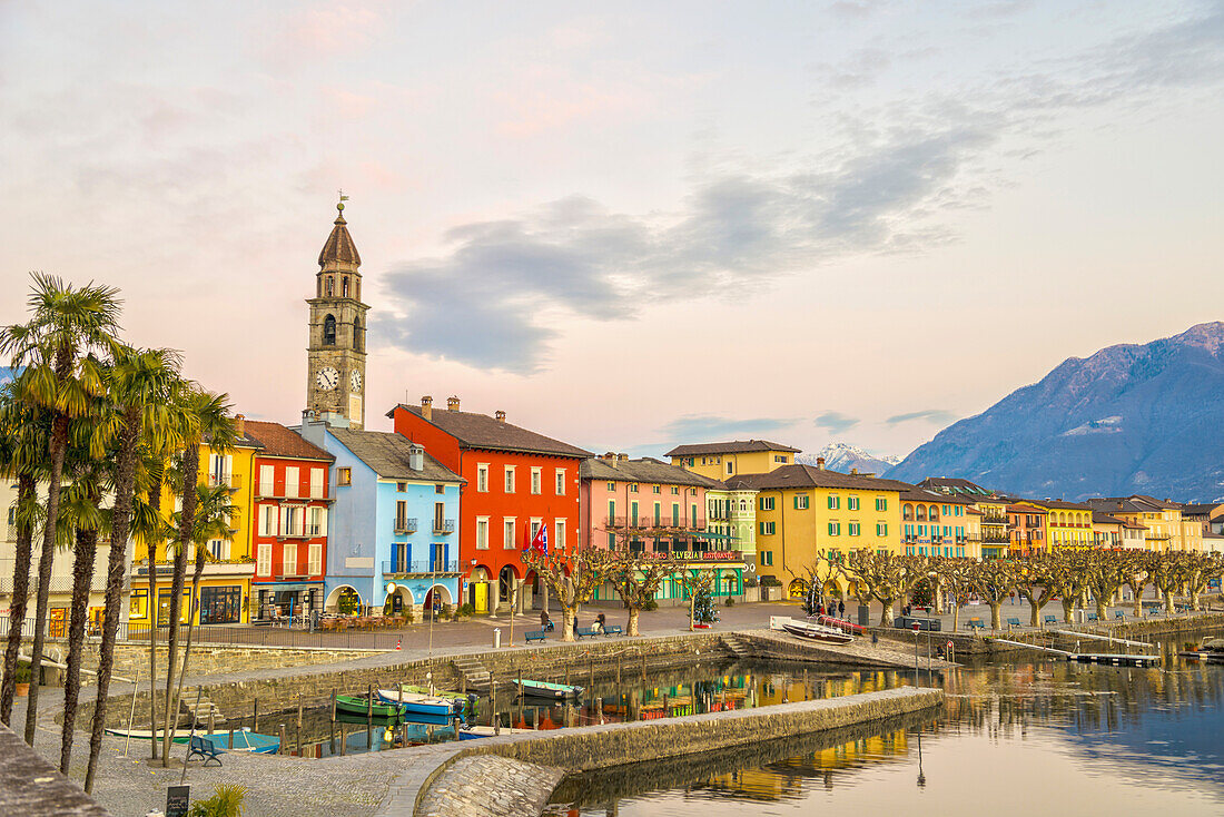 Colourful buildings along the waterfront of Lake Maggiore Ascona, Ticino, Switzerland