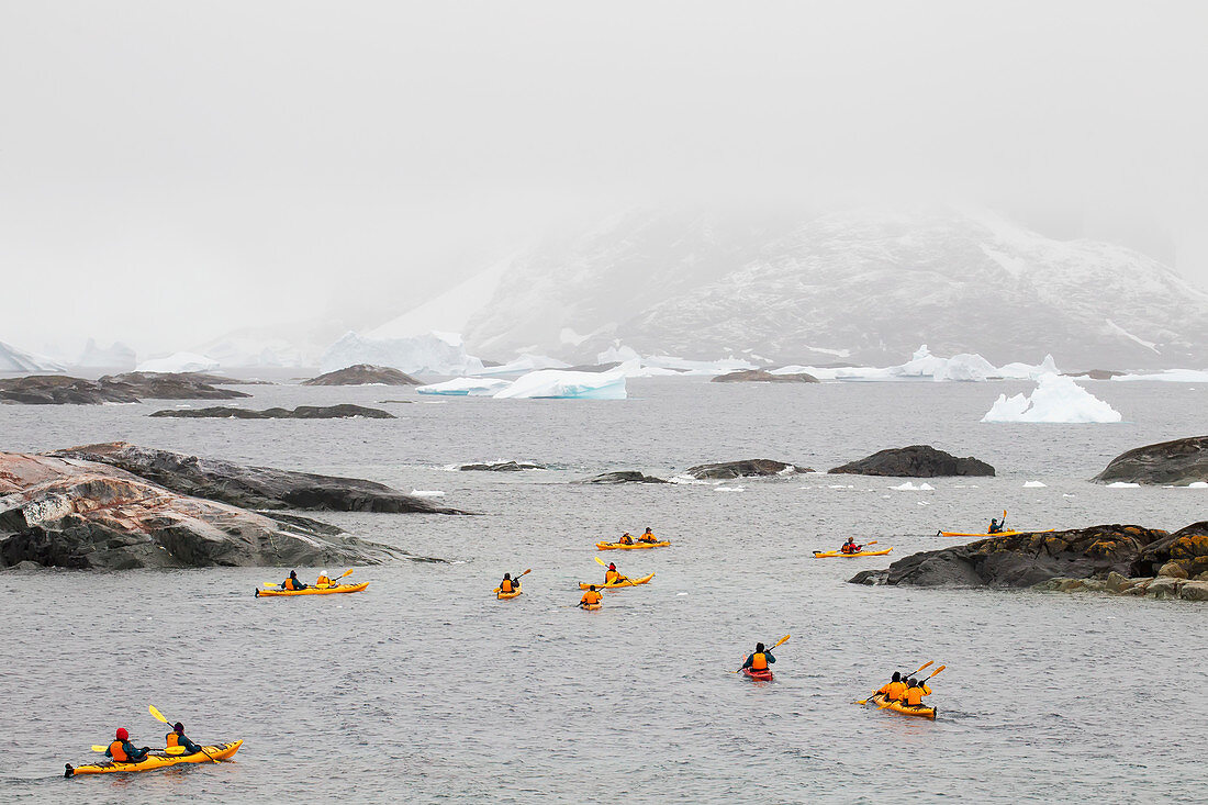 Tourists sea kayaking around Pleneau Island, Antarctic Peninsula, Antarctica