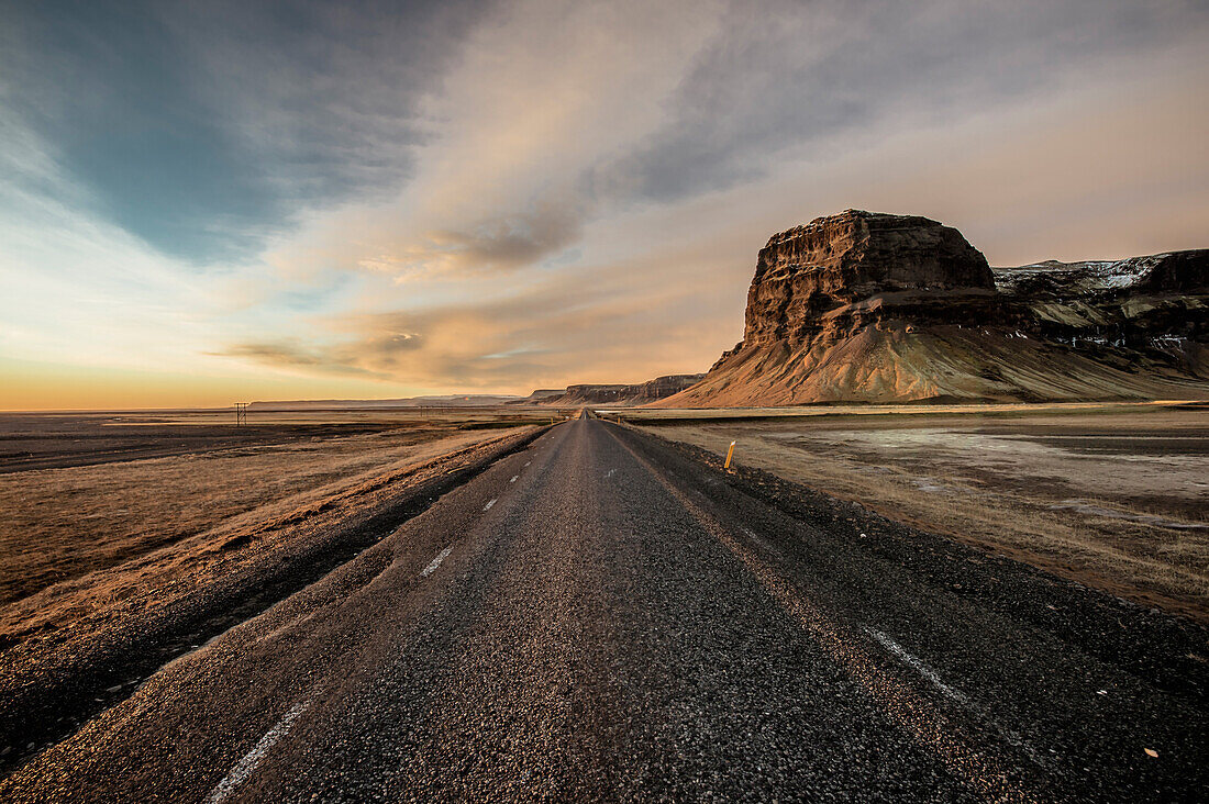 Ring Road and Mountain Range at sunset, Winter, Southern Iceland, Iceland