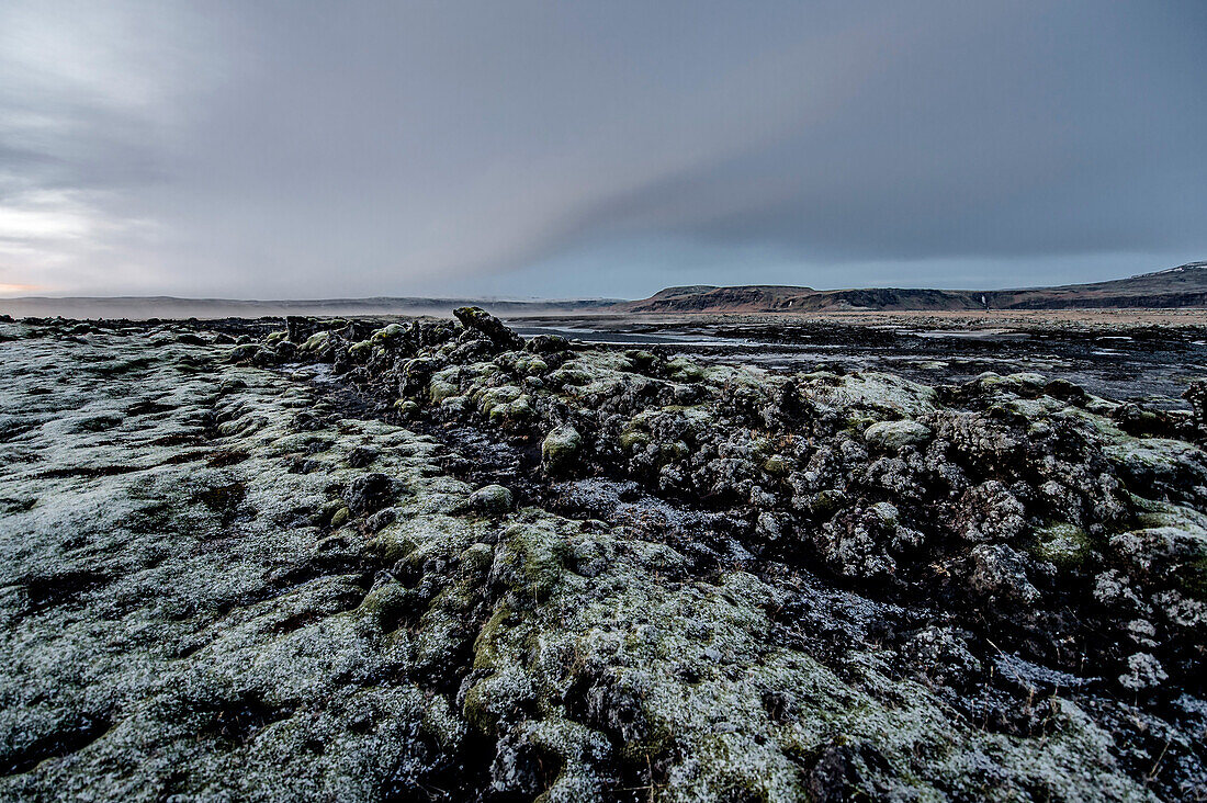 Steine und Moos entlang der Ringstraße, Berge im Hintergrund, Frost, Winter, Kalt, Island