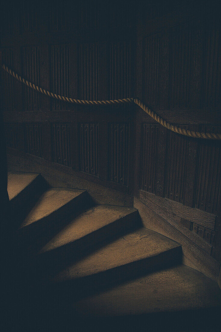 High angle view of steps in dark house