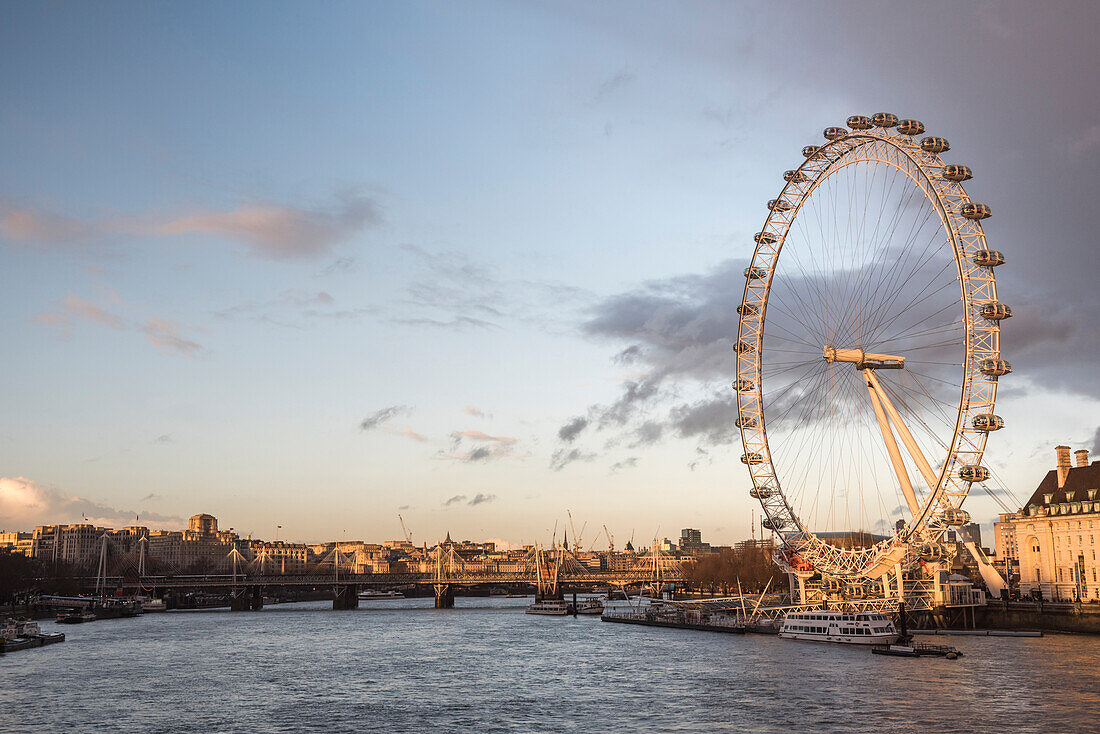 The London Eye at sunset Millennium Wheel, South Bank, London, England, United Kingdom, Europe