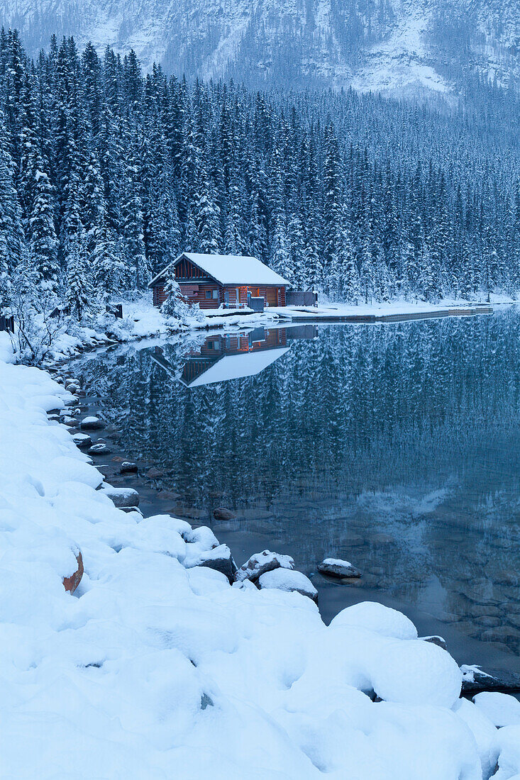Boat house at Lake Louise, Banff National Park, UNESCO World Heritage Site, Rocky Mountains, Alberta, Canada, North America