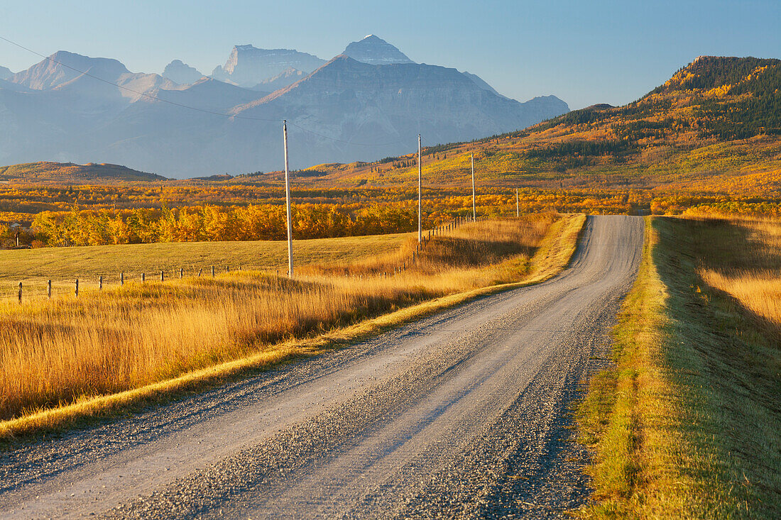 Country road through a mountainous landscape, near Twin Butte, Alberta, Canada, North America