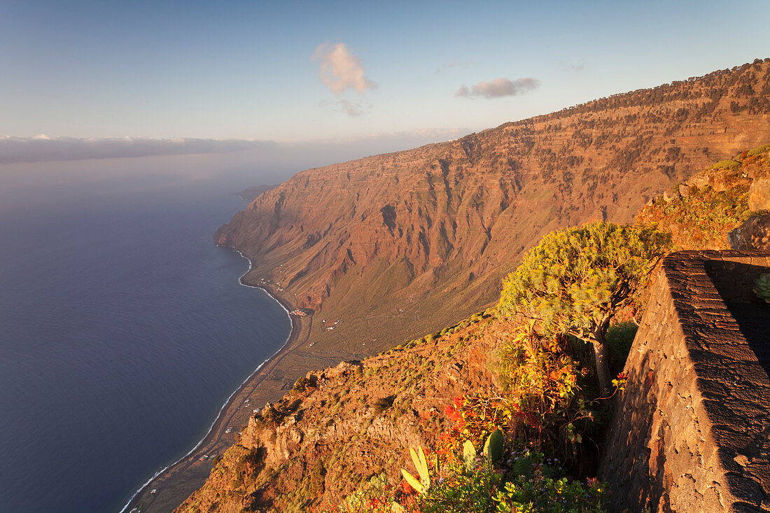 View from Mirador Isora to Las Playas Bay at sunsrise, UNESCO biosphere reserve, El Hierro, Canary Islands, Spain, Atlantic, Europe