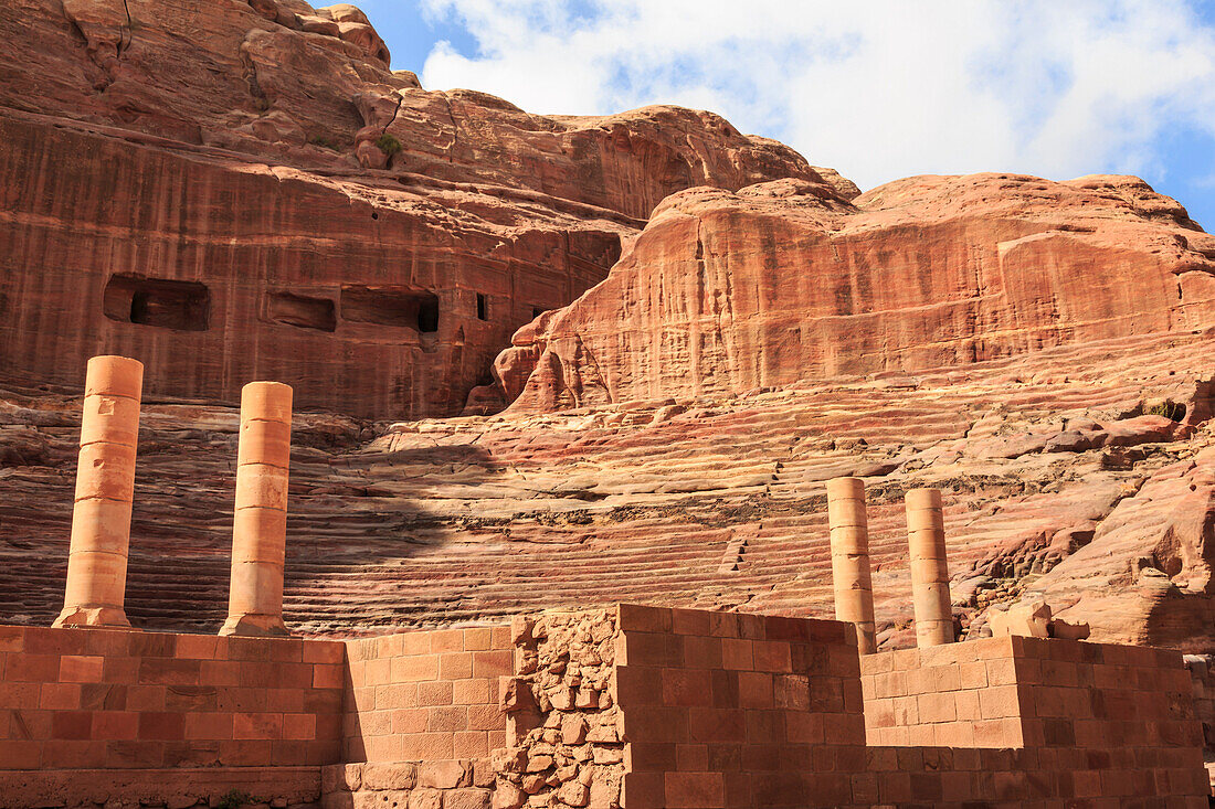 Theatre carved into the mountainside, with stage wall and columns, Petra, UNESCO World Heritage Site, Jordan, Middle East