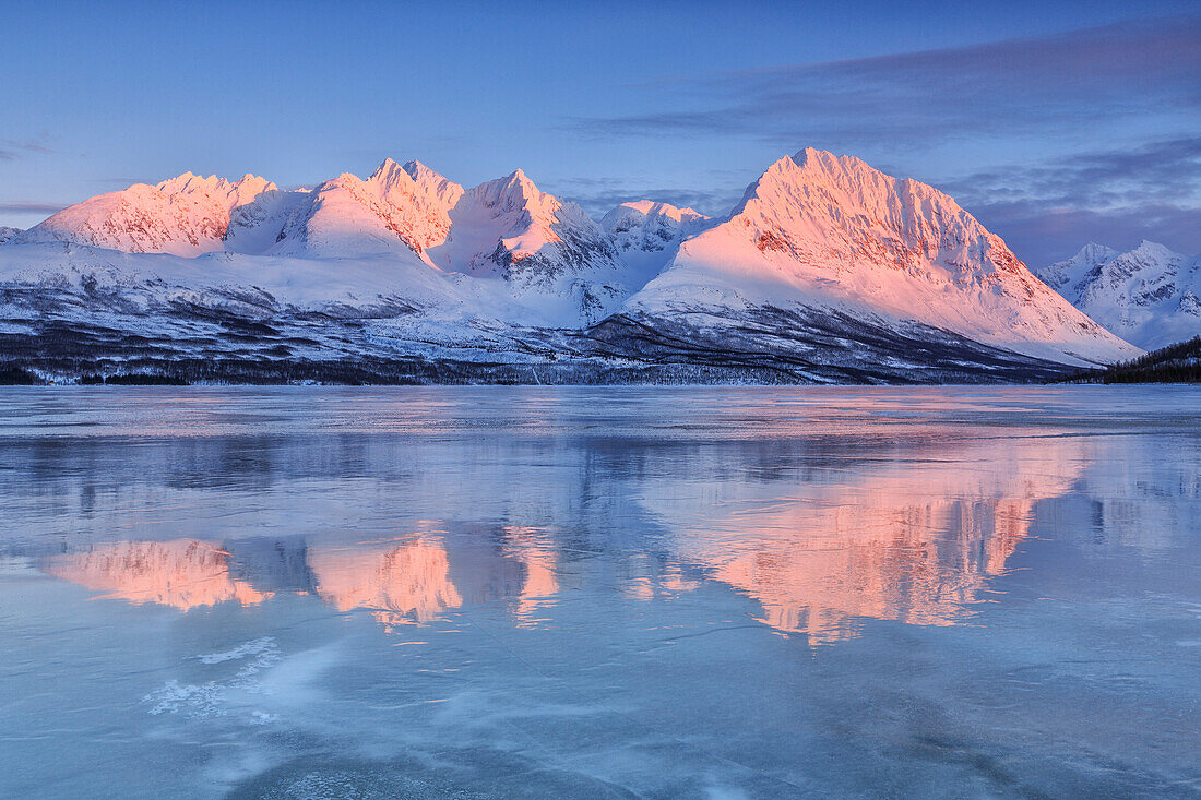 Snowy peaks are reflected in the frozen Lake Jaegervatnet at sunset, Stortind, Lyngen Alps, Troms, Lapland, Norway, Scandinavia, Europe