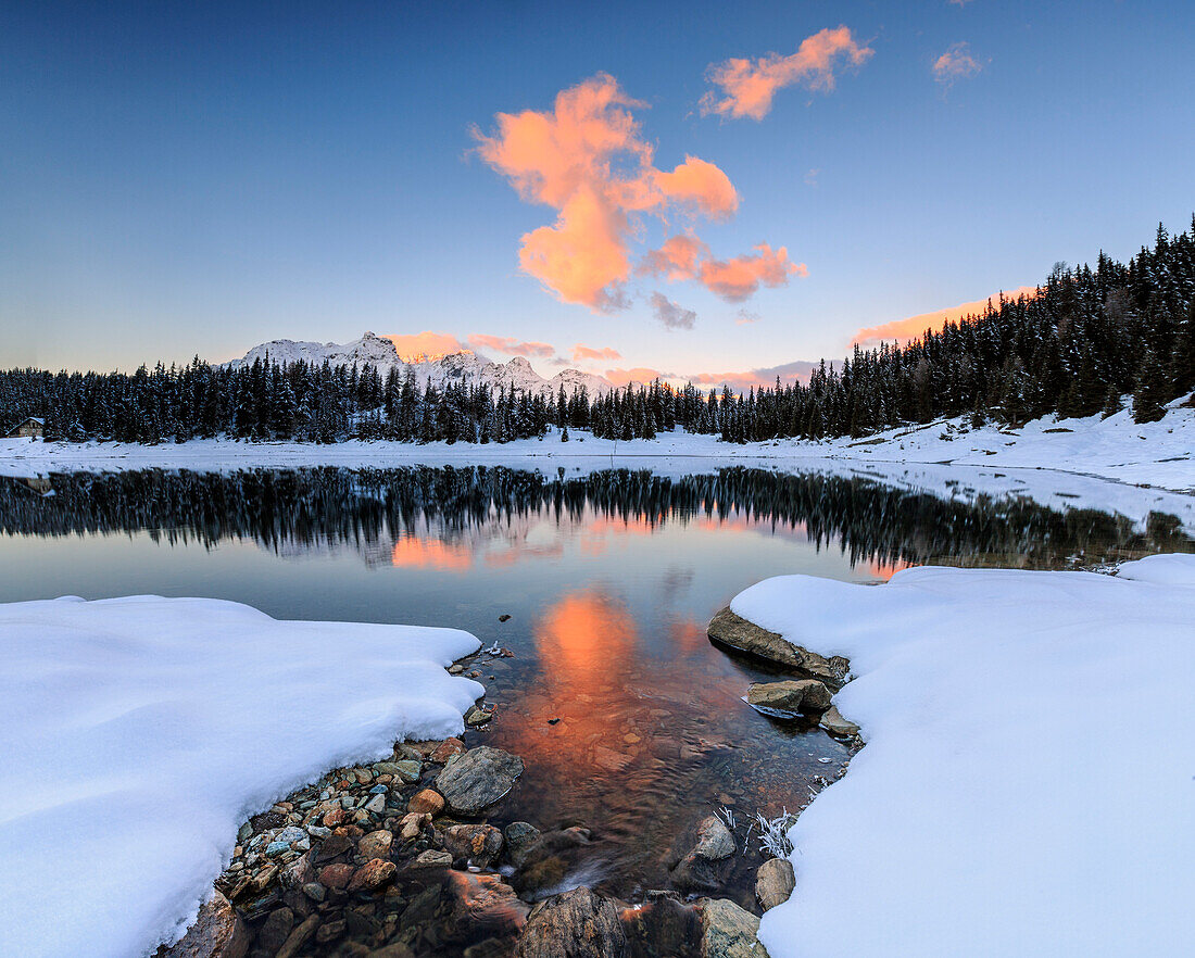 The colors of dawn on the snowy peaks and woods reflected in Lake Palu, Malenco Valley, Valtellina, Lombardy, Italy, Europe