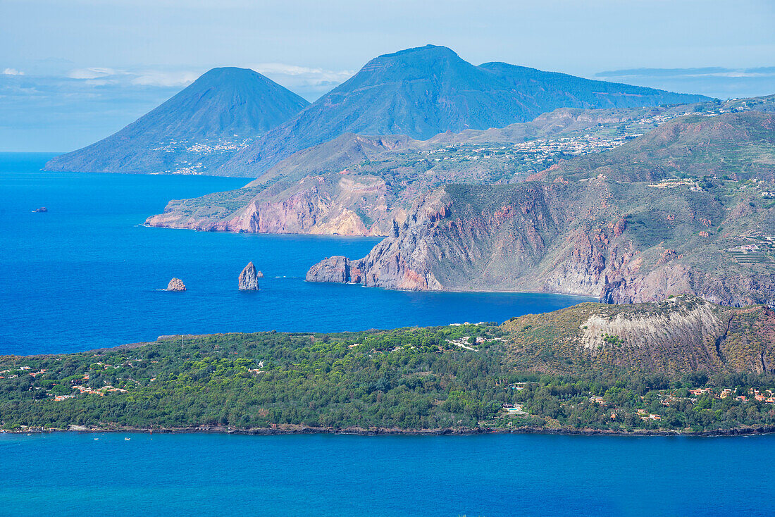 View of Lipari and Salina Island, Vulcano Island, Aeolian Islands, UNESCO World Heritage Site, north of Sicily, Italy, Mediterranean, Europe