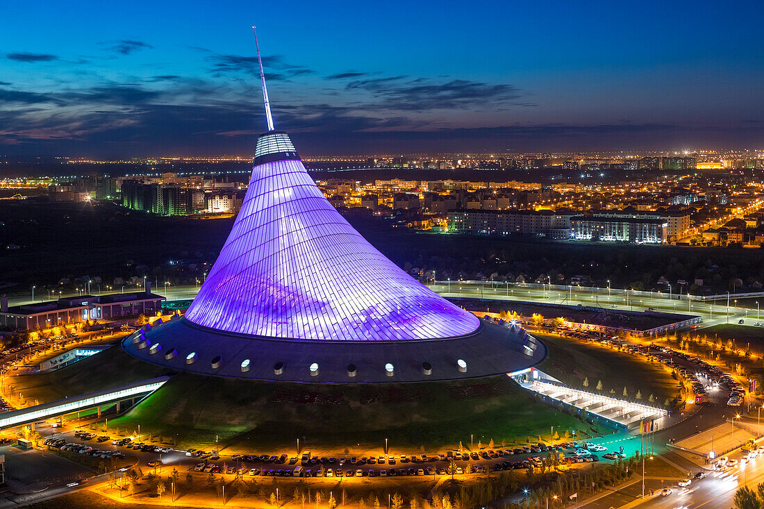 Night view over Khan Shatyr entertainment center, Astana, Kazakhstan, Central Asia