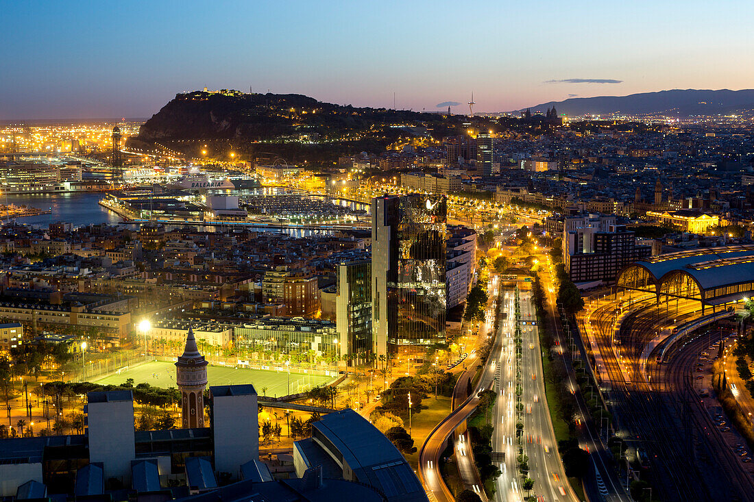 Elevated dusk view over Barcelona city centre, Catalunya Catalonia Cataluna, Spain, Europe