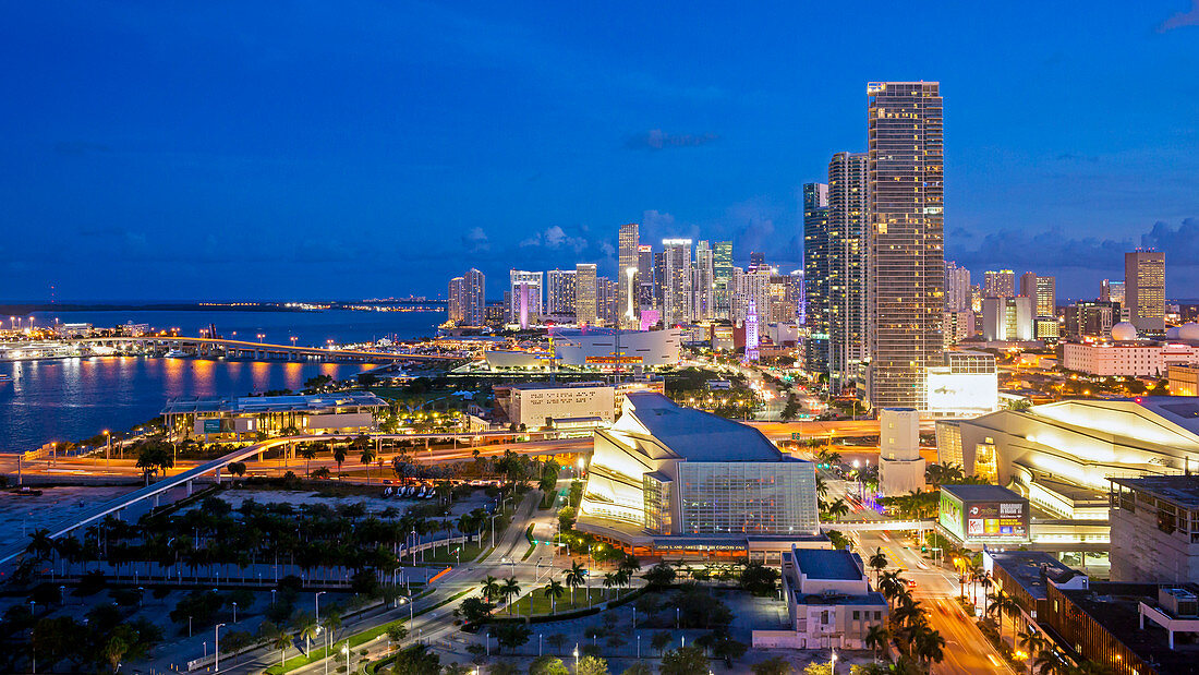 Elevated view over Biscayne Boulevard and the skyline of Miami, Florida, United States of America, North America