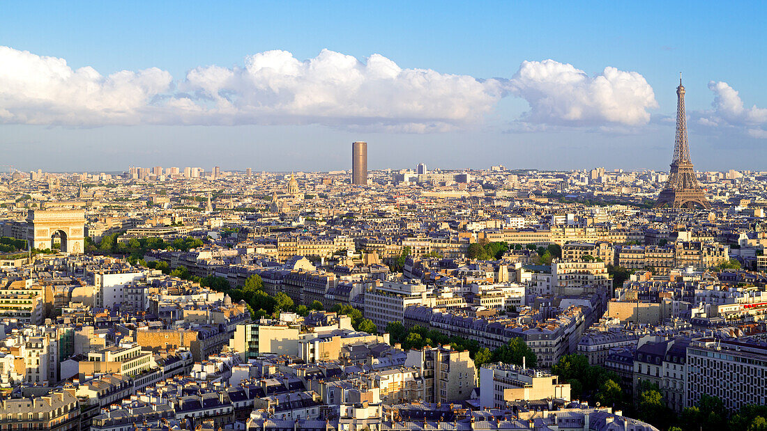 City, Arc de Triomphe and the Eiffel Tower, viewed over rooftops, Paris, France, Europe