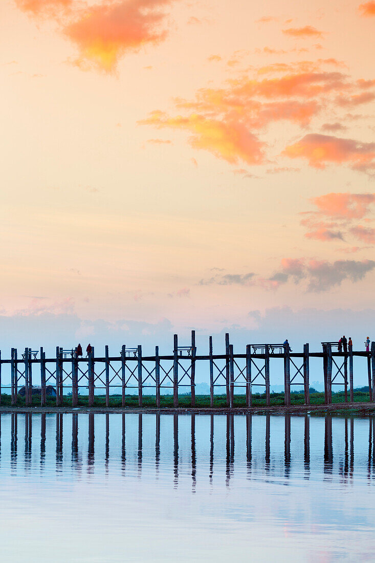 U Bein teak bridge and the Taungthaman Lake near Amarapura, Mandalay, Myanmar Burma, Southeast Asia