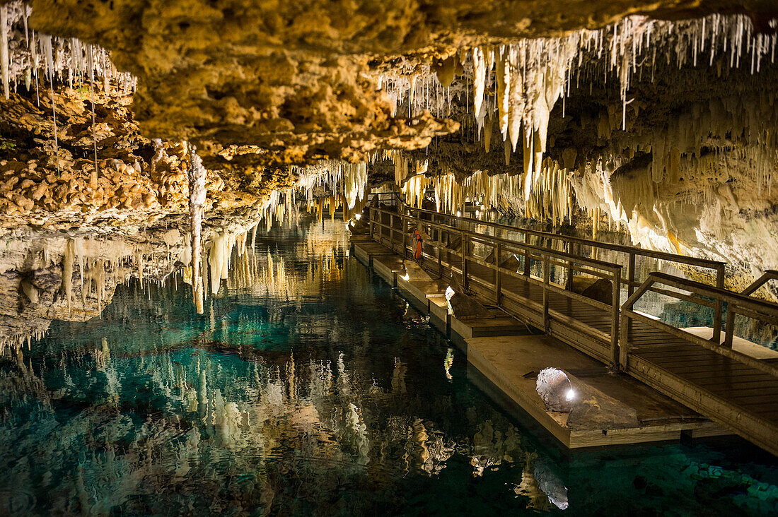 Stalagmites and stalactites in the beautiful Crystal subterranean cave, Bermuda, North America