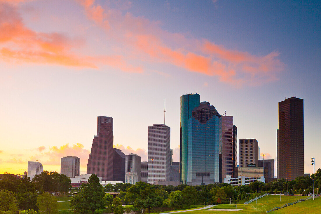 Houston skyline at dawn from Eleanor Tinsley Park, Texas, United States of America, North America