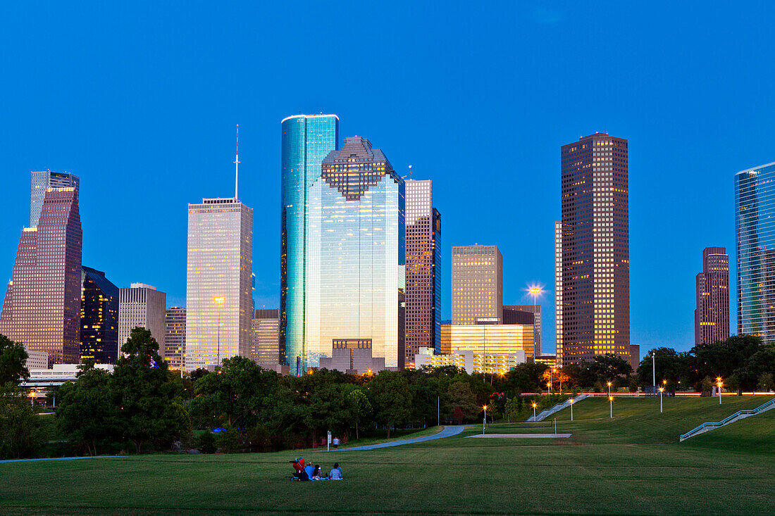 Houston skyline at night from Eleanor Tinsley Park, Texas, United States of America, North America